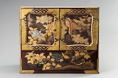 Lot 392 - A LACQUERED ‘PEONY AND CRANES’ WOOD CABINET