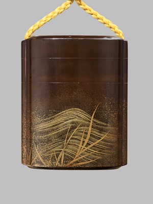 Lot 354 - TOSHIHIDE: A SUPERB LACQUER FOUR-CASE INRO AFTER A PAINTING BY KOSHU (1760-1822)