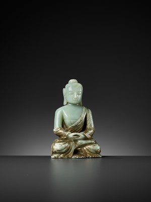 Lot 457 - A RARE GILT-DECORATED CELADON JADE FIGURE OF BUDDHA AMITABHA, QING DYNASTY