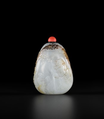 Lot 124 - A PALE CELADON JADE SNUFF BOTTLE CARVED WITH A POEM, MID-QING
