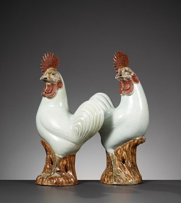 Lot 817 - A PAIR OF CHINESE COCKERELS, LATE QING DYNASTY