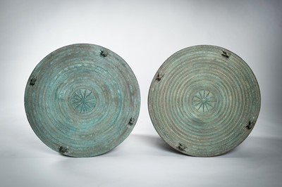 Lot 565 - A FINE PAIR OF ANTIQUE BRONZE RAIN DRUMS, KHA