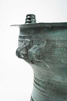 Lot 565 - A FINE PAIR OF ANTIQUE BRONZE RAIN DRUMS, KHA