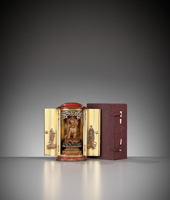 Lot 90 - A FINE GOLD AND RED LACQUER ZUSHI (PORTABLE SHRINE) DEPICTING BISHAMONTEN