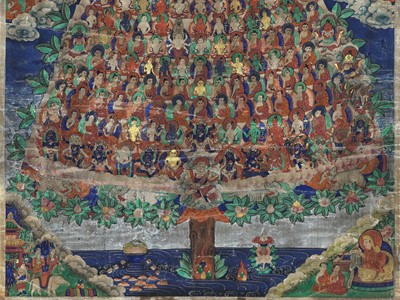 Lot 48 - A THANGKA OF TSONGKHAPA AND THE GELUGPA REFUGE TREE, 19TH CENTURY