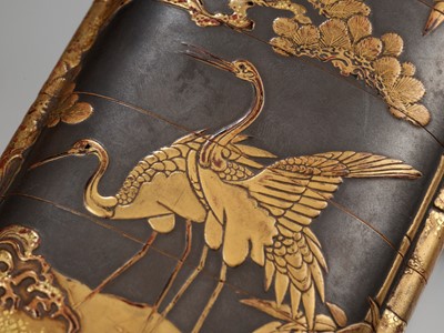 Lot 346 - AN EXCEPTIONALLY LARGE GOLD LACQUER FOUR-CASE INRO DEPICTING A MINOGAME AND CRANES