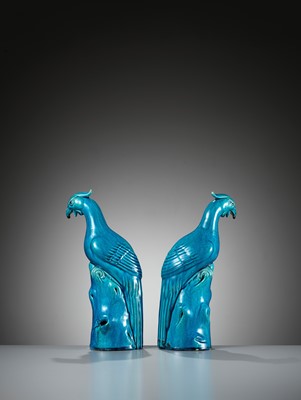 Lot 413 - A SPECTACULAR PAIR OF TURQUOISE-GLAZED PHEASANTS, KANGXI PERIOD