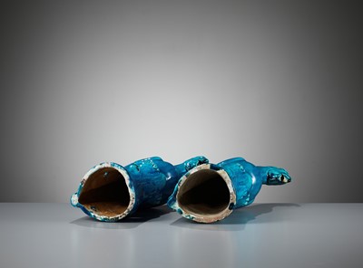 Lot 413 - A SPECTACULAR PAIR OF TURQUOISE-GLAZED PHEASANTS, KANGXI PERIOD