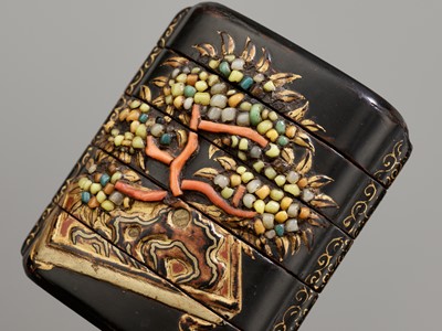Lot 247 - AN UNUSUAL INLAID BLACK AND GOLD LACQUER FOUR-CASE INRO DEPICTING BONSAI TREES