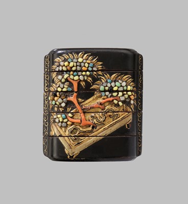 Lot 612 - AN UNUSUAL INLAID BLACK AND GOLD LACQUER FOUR-CASE INRO DEPICTING BONSAI TREES