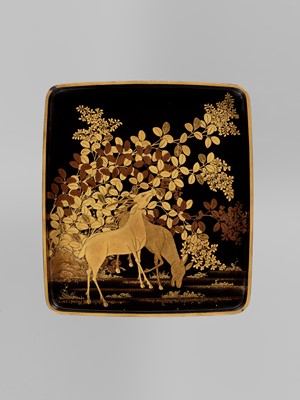 Lot 135 - A BLACK AND GOLD LACQUER SUZURIBAKO WITH CHRYSANTHEMUM AND DEER