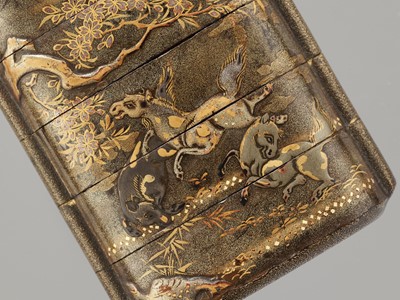 Lot 336 - KAJIKAWA: A GOLD LACQUER FOUR-CASE INRO DEPICTING FROLICKING HORSES