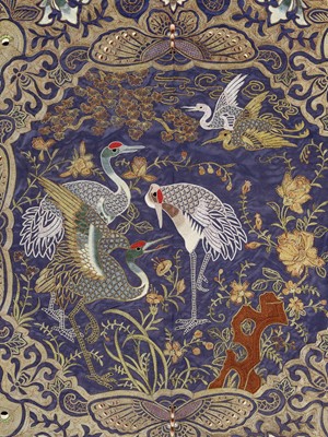 Lot 596 - A SILK BROCADE ‘FIVE CRANES’ WALL HANGING, LATE QING DYNASTY