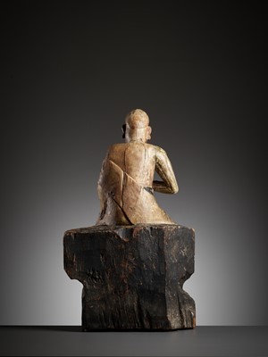 Lot 384 - A PAINTED WOOD AND GESSO FIGURE OF A LUOHAN, MING DYNASTY