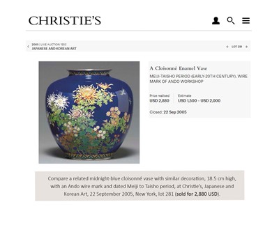 Lot 26 - A LARGE MIDNIGHT-BLUE CLOISONNÉ VASE WITH FLOWERS