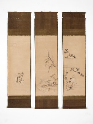 Lot 1260 - KANO CHIKANOBU: THREE SCROLL PAINTINGS DEPICTING JUROJIN AND DEER, CRANES, AND MINOGAME