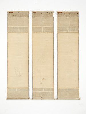 Lot 1260 - KANO CHIKANOBU: THREE SCROLL PAINTINGS DEPICTING JUROJIN AND DEER, CRANES, AND MINOGAME