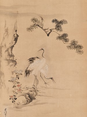 Lot 1260 - KANO CHIKANOBU: THREE SCROLL PAINTINGS DEPICTING JUROJIN AND DEER, CRANES, AND MINOGAME