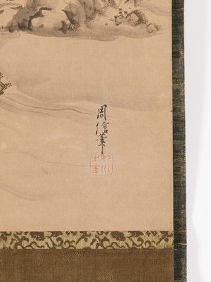 Lot 1260 - KANO CHIKANOBU: THREE SCROLL PAINTINGS DEPICTING JUROJIN AND DEER, CRANES, AND MINOGAME