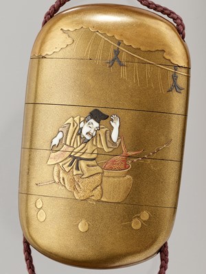 Lot 345 - A GOLD LACQUER FOUR-CASE INRO WITH DAIKOKU AND EBISU