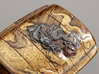 Lot 337 - KAJIKAWA: A RARE SILVER AND MOTHER-OF-PEARL INLAID LACQUER FOUR-CASE INRO WITH DRAGON