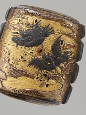 Lot 338 - A RARE GOLD LACQUER THREE-CASE INRO DEPICTING WINGED DRAGON-FISH