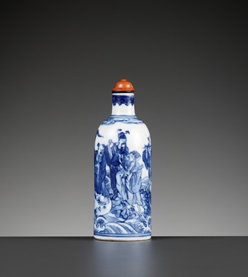 Lot 646 - A BLUE AND WHITE ‘EIGHT IMMORTALS’ SNUFF BOTTLE, QING DYNASTY