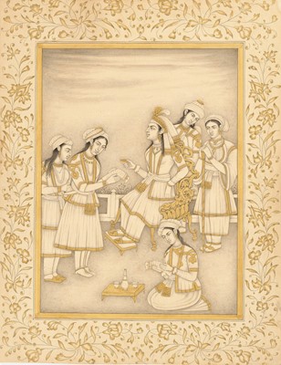 Lot 316 - A MUGHAL STYLE PAINTING OF A PRINCESS WITH ATTENDANTS