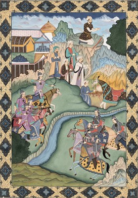 Lot 321 - A SAFAVID STYLE INDIAN PAINTING OF A BATTLE SCENE
