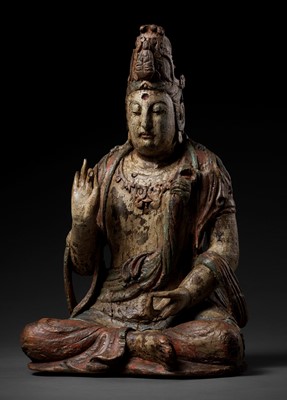 Lot 392 - A POLYCHROME-PAINTED WOOD FIGURE OF GUANYIN, MING DYNASTY