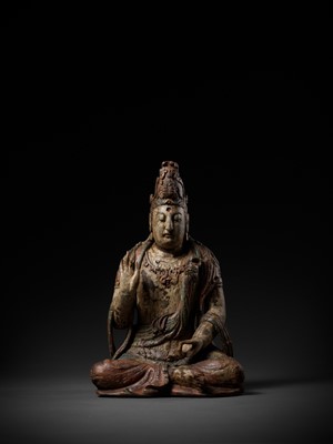 Lot 392 - A POLYCHROME-PAINTED WOOD FIGURE OF GUANYIN, MING DYNASTY