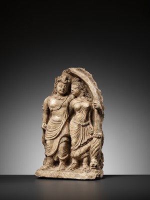 A RARE ‘NOBLE COUPLE UNDER ARCH’ STUCCO RELIEF, ANCIENT REGION OF GANDHARA