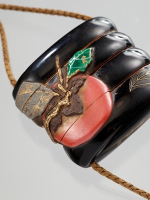 Lot 358 - SHOKOSAI: AN UNUSUAL LACQUER THREE-CASE INRO WITH A POMEGRANATE AND WASP
