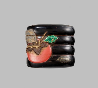 Lot 358 - SHOKOSAI: AN UNUSUAL LACQUER THREE-CASE INRO WITH A POMEGRANATE AND WASP