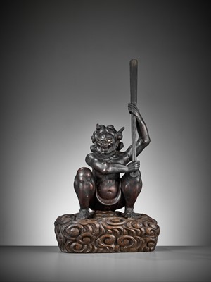 Lot 80 - A LARGE AND IMPRESSIVE WOOD STATUE OF RAIDEN