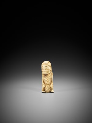 Lot 218 - A RARE STAG ANTLER NETSUKE OF A FOREIGN DEVIL