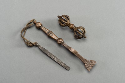 Lot 356 - A BRONZE VAJRA AND TWO RITUAL INSTRUMENTS