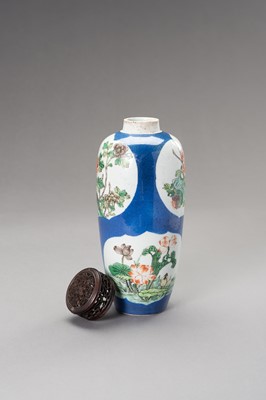 Lot 615 - A POWDER BLUE GROUND FAMILLE VERTE OVOID VASE, LATE QING DYNASTY