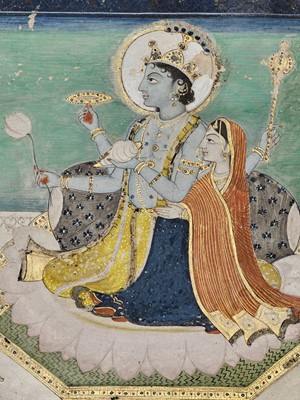 Lot 252 - AN INDIAN MINIATURE PAINTING OF VISHNU AND HIS CONSORT