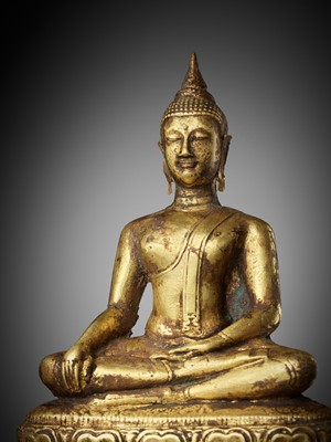 Lot 232 - A GOLD REPOUSSÉ FIGURE OF BUDDHA SHAKYAMUNI, AYUTTHAYA KINGDOM, 1351–1767