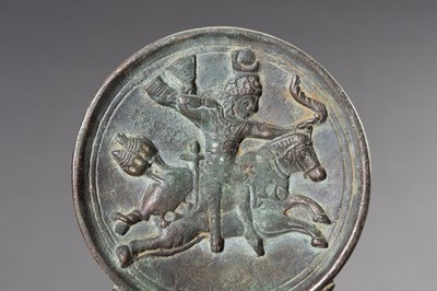Lot 1153 - A MASSIVE GANDHARA STYLE BRONZE MIRROR WITH A FIGURAL SCENE