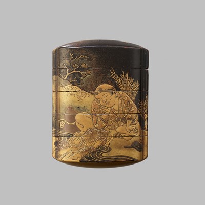 Lot 339 - A BLACK AND GOLD LACQUER FOUR-CASE INRO DEPICTING A SLEEPING WOODCUTTER