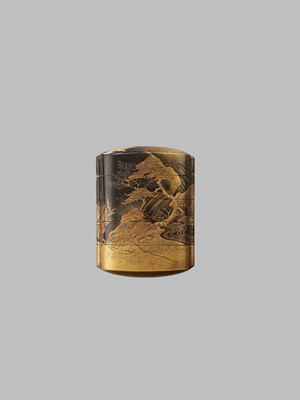 Lot 339 - A BLACK AND GOLD LACQUER FOUR-CASE INRO DEPICTING A SLEEPING WOODCUTTER