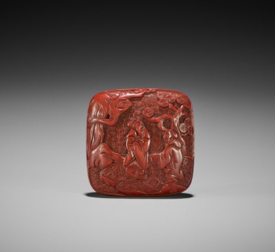 Lot 331 - A TSUISHU LACQUER NETSUKE WITH SAGES AND PINE TREES
