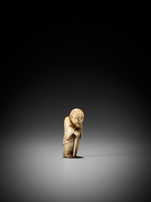 Lot 148 - A STAG ANTLER NETSUKE OF A MONK, ATTRIBUTED TO MASATOSHI