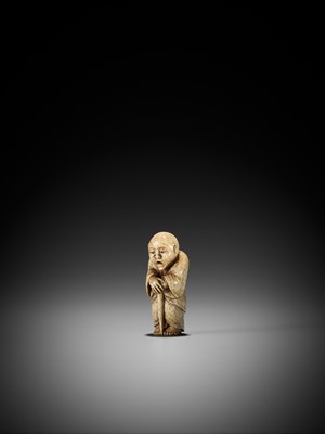 Lot 148 - A STAG ANTLER NETSUKE OF A MONK, ATTRIBUTED TO MASATOSHI