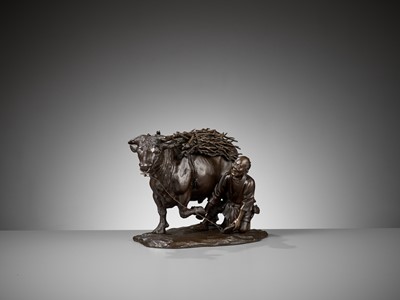 Lot 20 - AKASOFU GYOKKO: A FINE AND LARGE BRONZE MODEL OF AN OX AND OXHERD