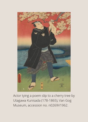 A RARE LACQUER AND MIXED METAL KAGAMIBUTA NETSUKE OF AN ACTOR TYING A POEM SLIP TO A CHERRY TREE