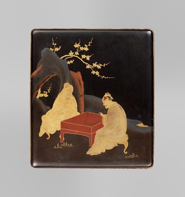 Lot 139 - A LACQUERED SUZURIBAKO WITH SCHOLARS PLAYING GO
