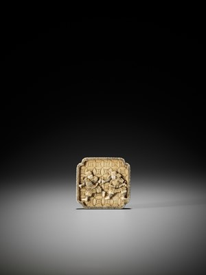 Lot 1436 - IKKO: A RARE IVORY MANJU NETSUKE WITH TWO SAMURAI